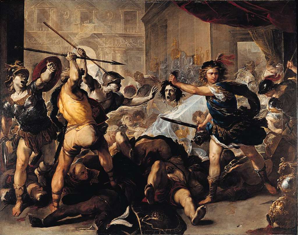 London National Gallery Next 20 12 Luca Giordano - Perseus turning Phineas to Stone Luca Giordano - Perseus turning Phineas to Stone (early 1680s, 285 x 366 cm). Perseus is the mythical Greek hero who cut off the head of Medusa, whose glance immediately turned people to stone, and kept it in a bag around his waist. Perseus and Andromeda got married and had a huge party to celebrate. The jealous Phineas stormed into the party with his men, planning to kill Perseus. Having warned Andromeda to turn away, Perseus quickly pulled out the ghastly head of Medusa, which immediately froze Phineas and his followers to the spot and their flesh was transformed into cool, hard, grey stone.